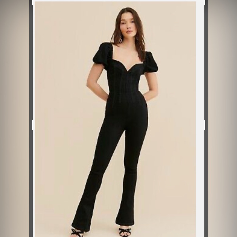 Free People We The Free Black Moondance Jumpsuit Puff Sleeve Size Large